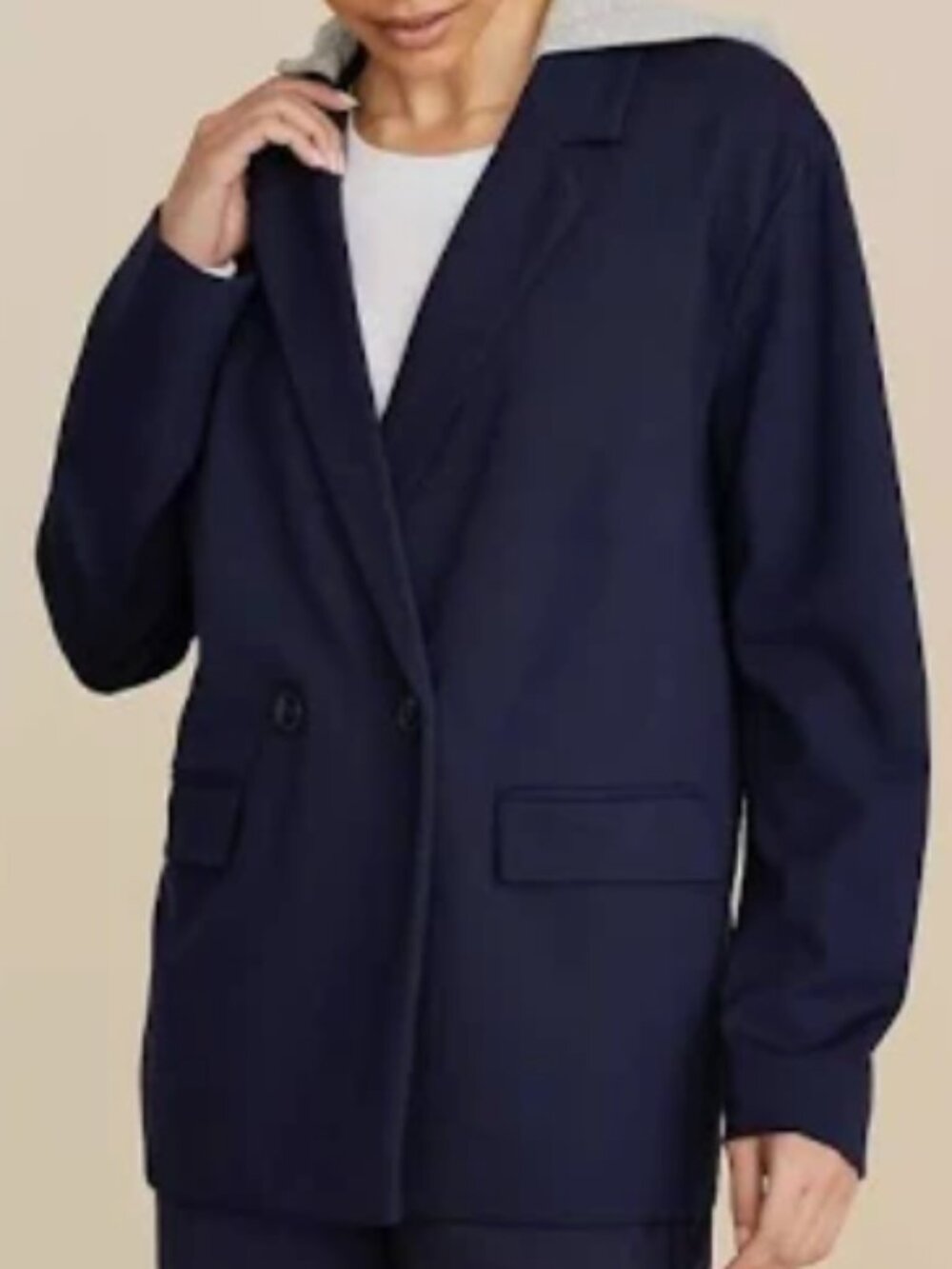 NWT Lou & Grey Navy Double Breasted Blazer With detachable Gray Hood Size XL